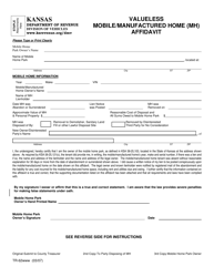 Form TR-62 Valueless Mobile/Manufactured Home (Mh) Affidavit - Kansas