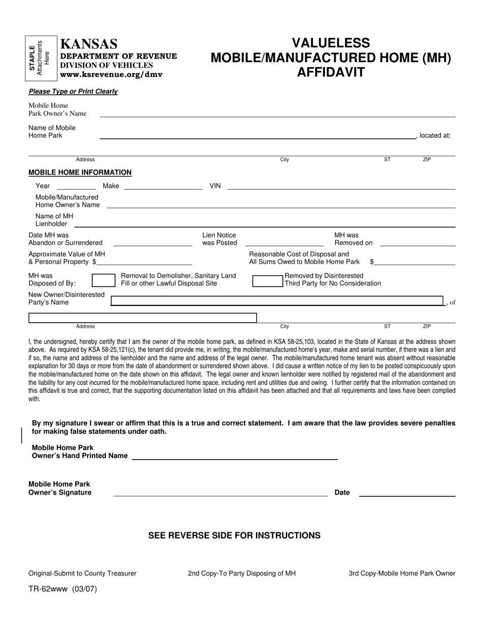 Form TR-62 Valueless Mobile / Manufactured Home (Mh) Affidavit - Kansas, Page 1