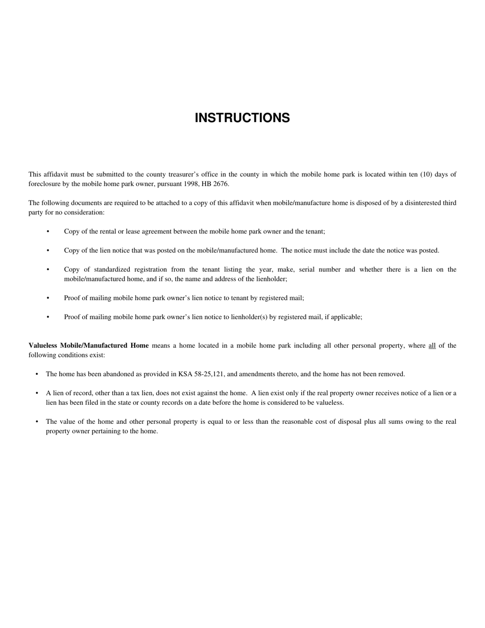 Form TR-62 Valueless Mobile / Manufactured Home (Mh) Affidavit - Kansas, Page 2