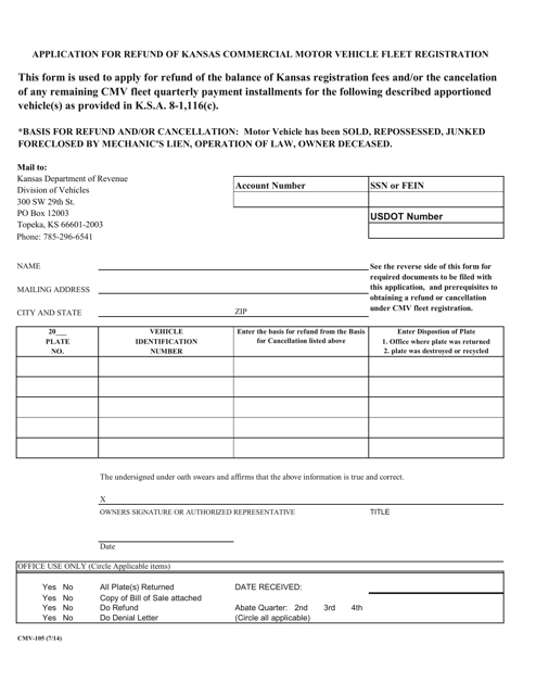 Form CMV-105 Application for Refund of Kansas Commercial Motor Vehicle Fleet Registration - Kansas