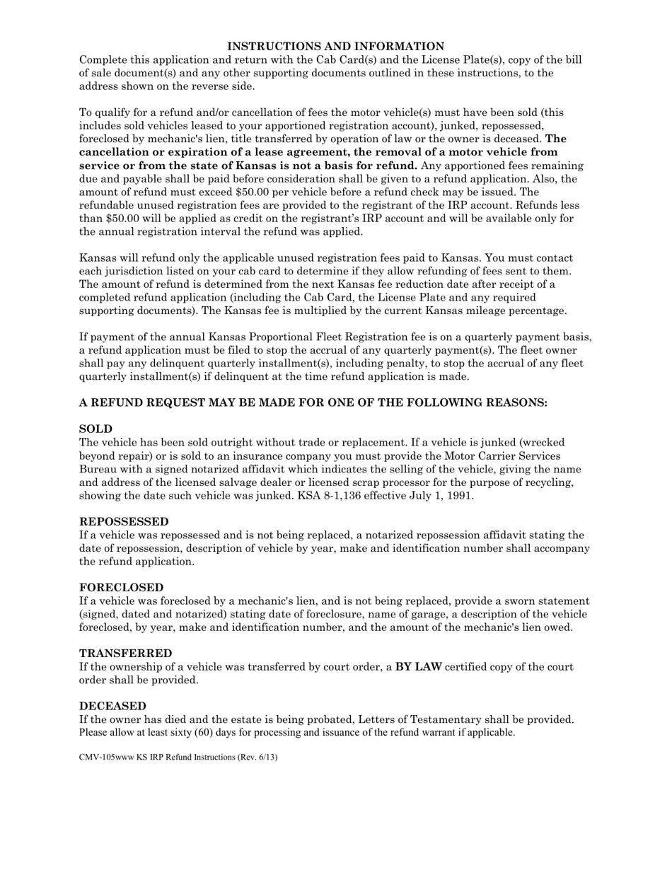Form CMV-105 Application for Refund of Kansas Commercial Motor Vehicle Fleet Registration - Kansas, Page 2