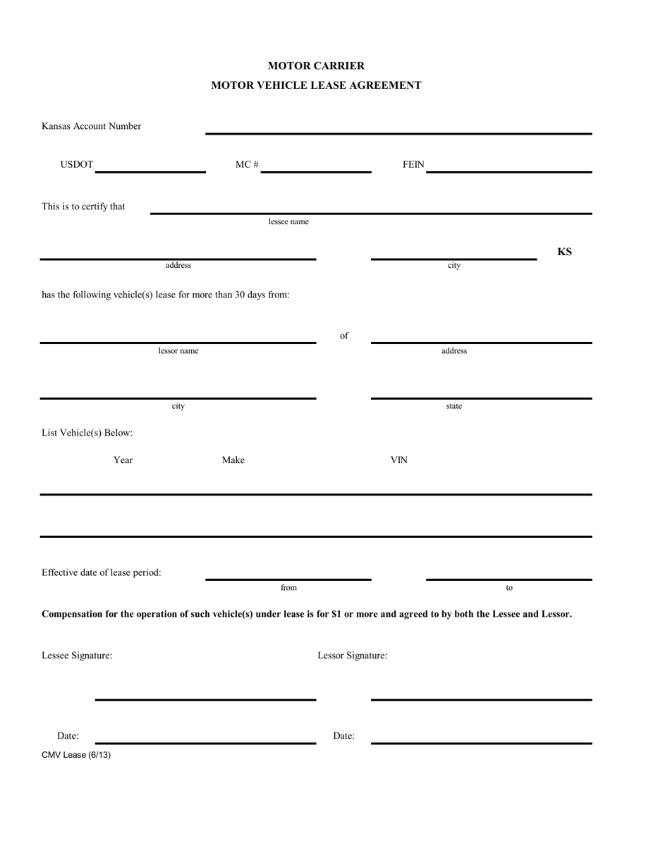 Kansas Motor Vehicle Lease Agreement Fill Out, Sign Online and
