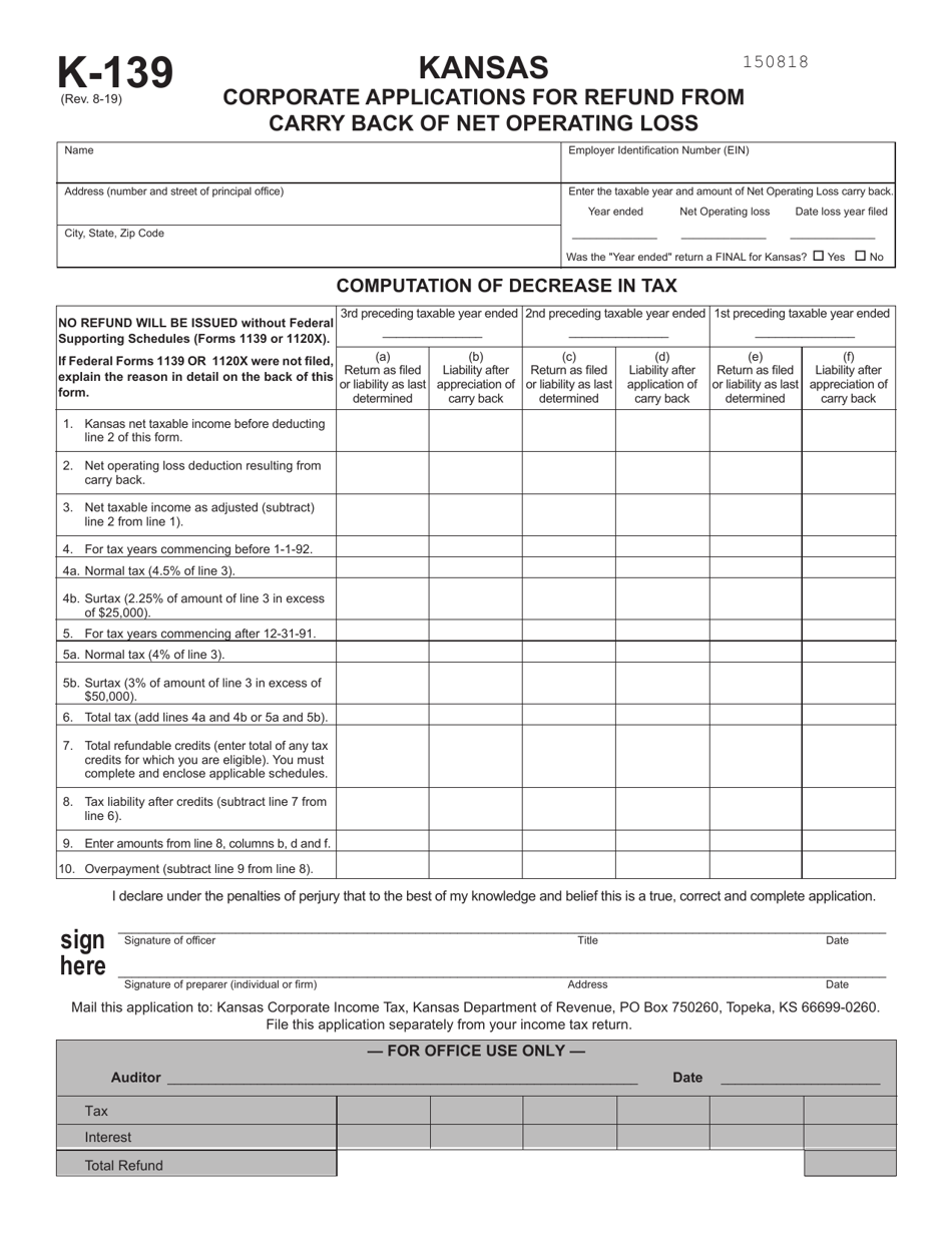 Schedule K-139 Kansas Corporate Applications for Refund From Carry Back of Net Operating Loss - Kansas, Page 1