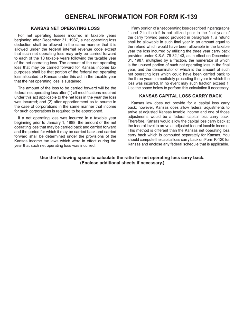 Schedule K-139 Kansas Corporate Applications for Refund From Carry Back of Net Operating Loss - Kansas, Page 2