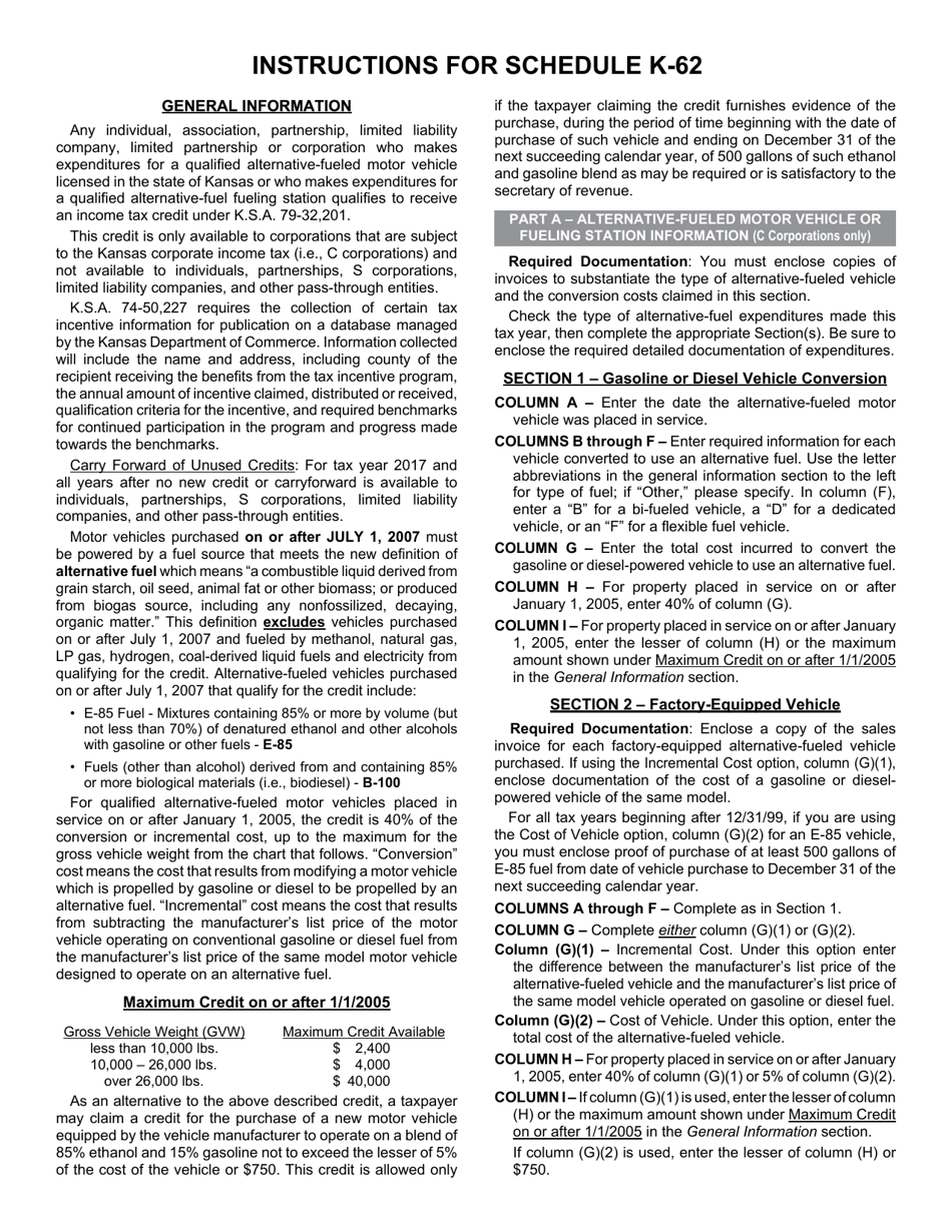 Schedule K 62 Download Fillable Pdf Or Fill Online Alternative Fuel Tax Credit Kansas 6869