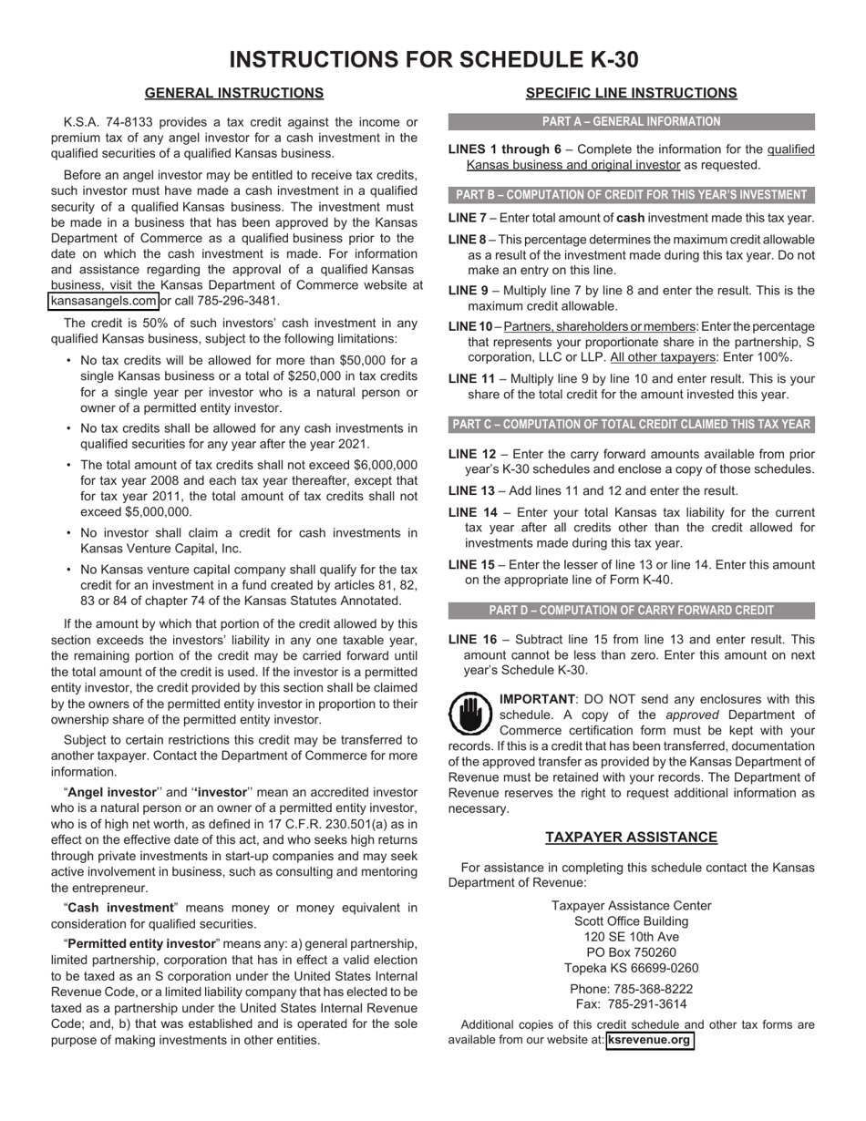 Schedule K-30 Angel Investor Credit - Kansas, Page 2