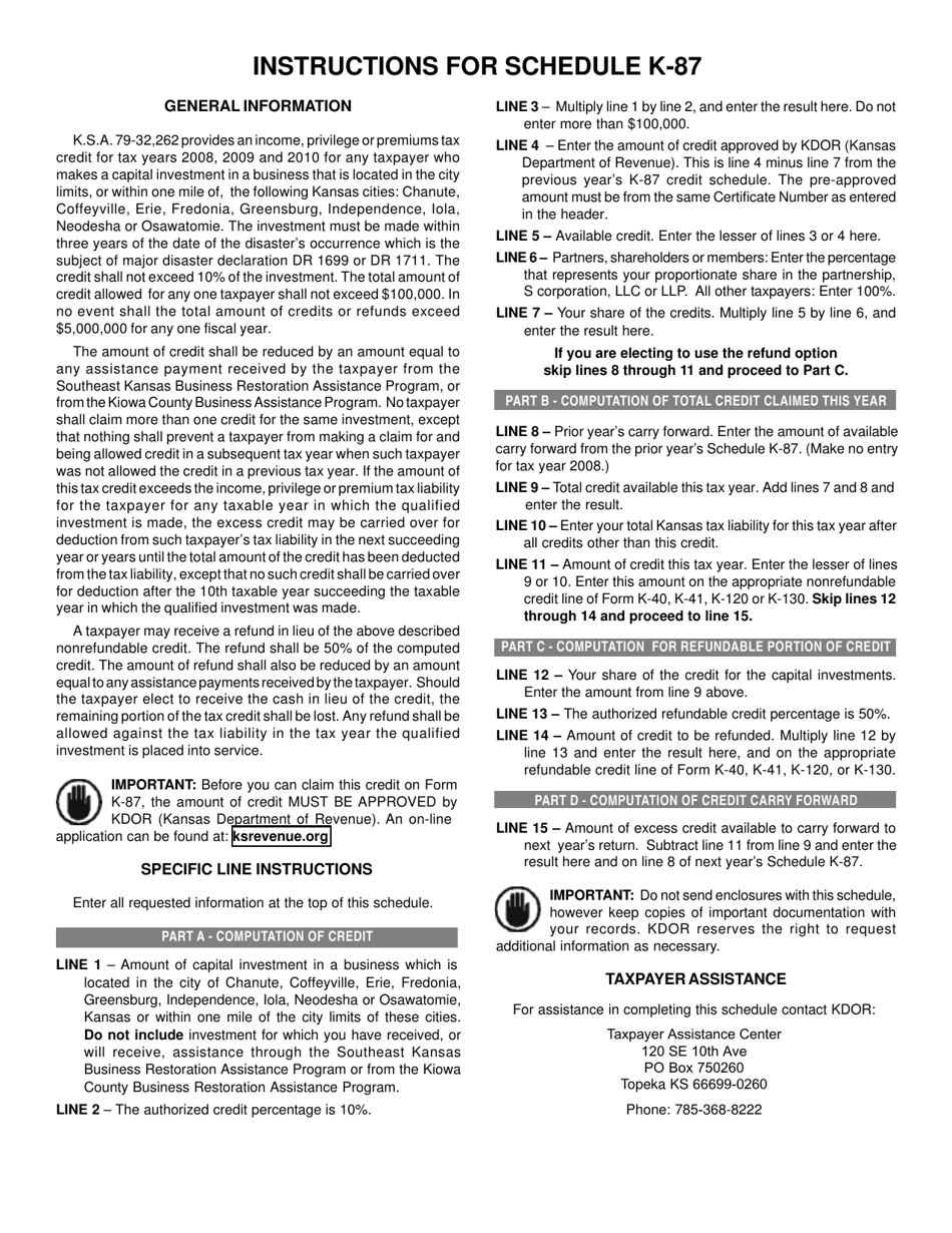 Schedule K-87 Kansas Declared Disaster Capital Investment Credit - Kansas, Page 2