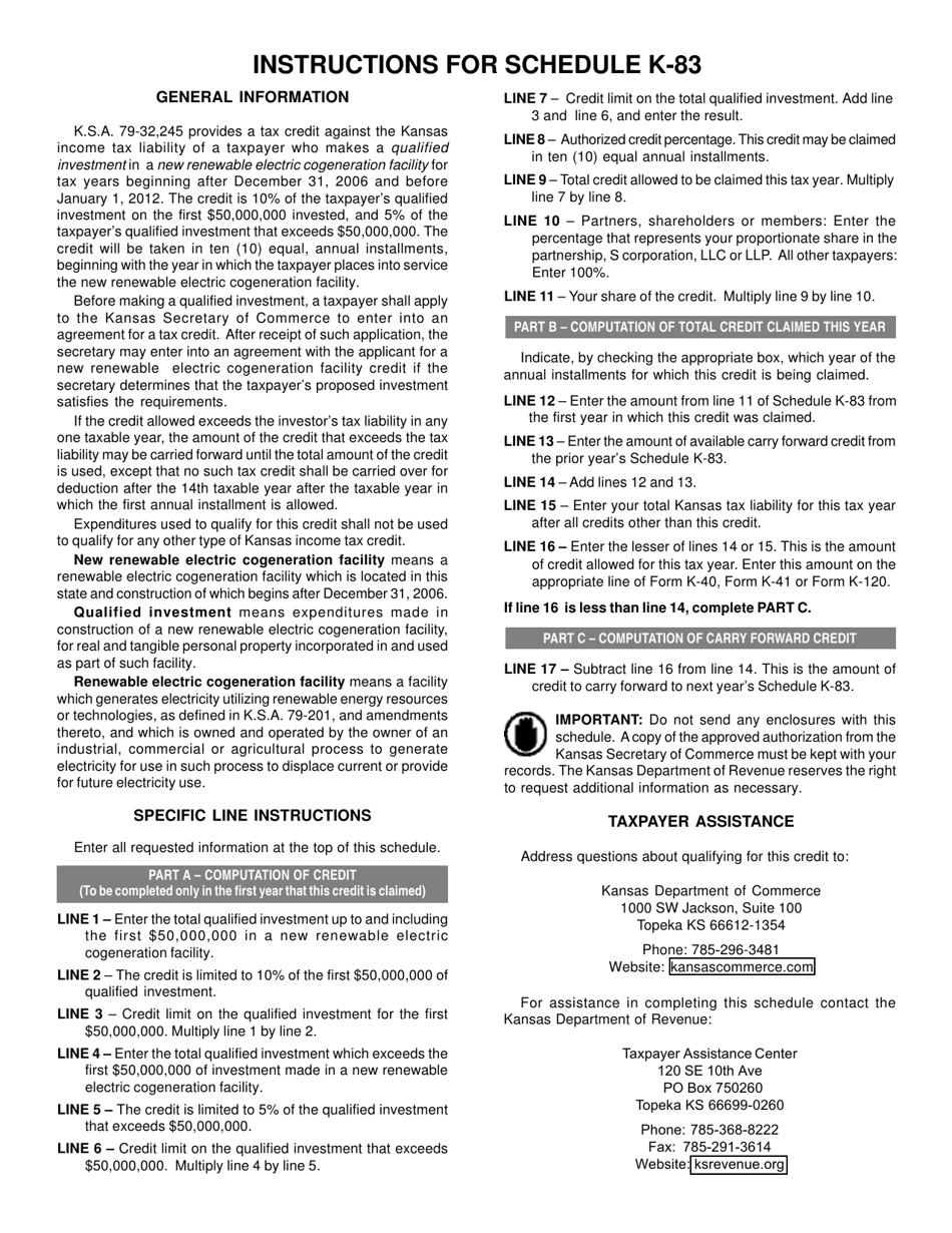 Schedule K-83 Kansas Electric Cogeneration Facility Credit - Kansas, Page 2