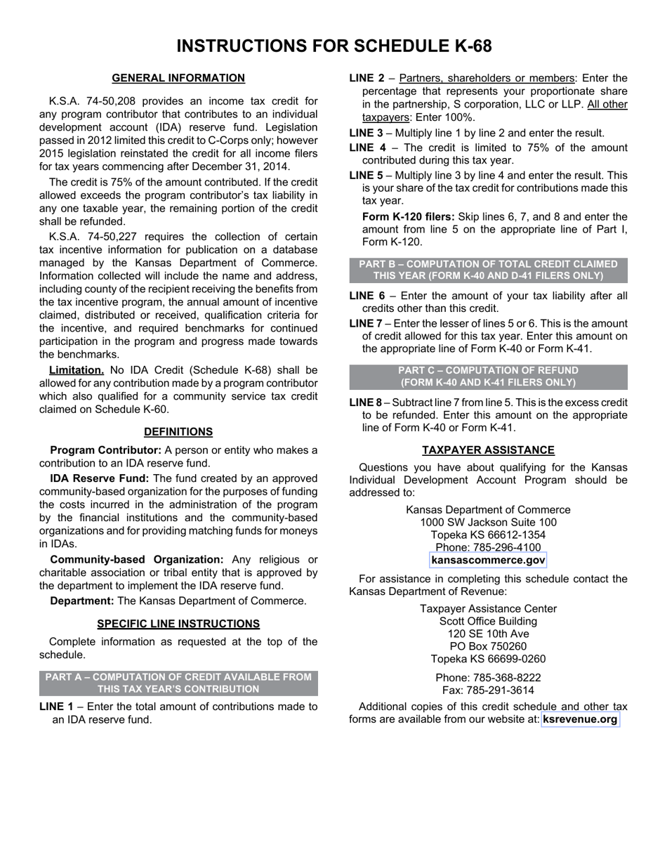 Schedule K-68 Kansas Individual Development Account Credit - Kansas, Page 2