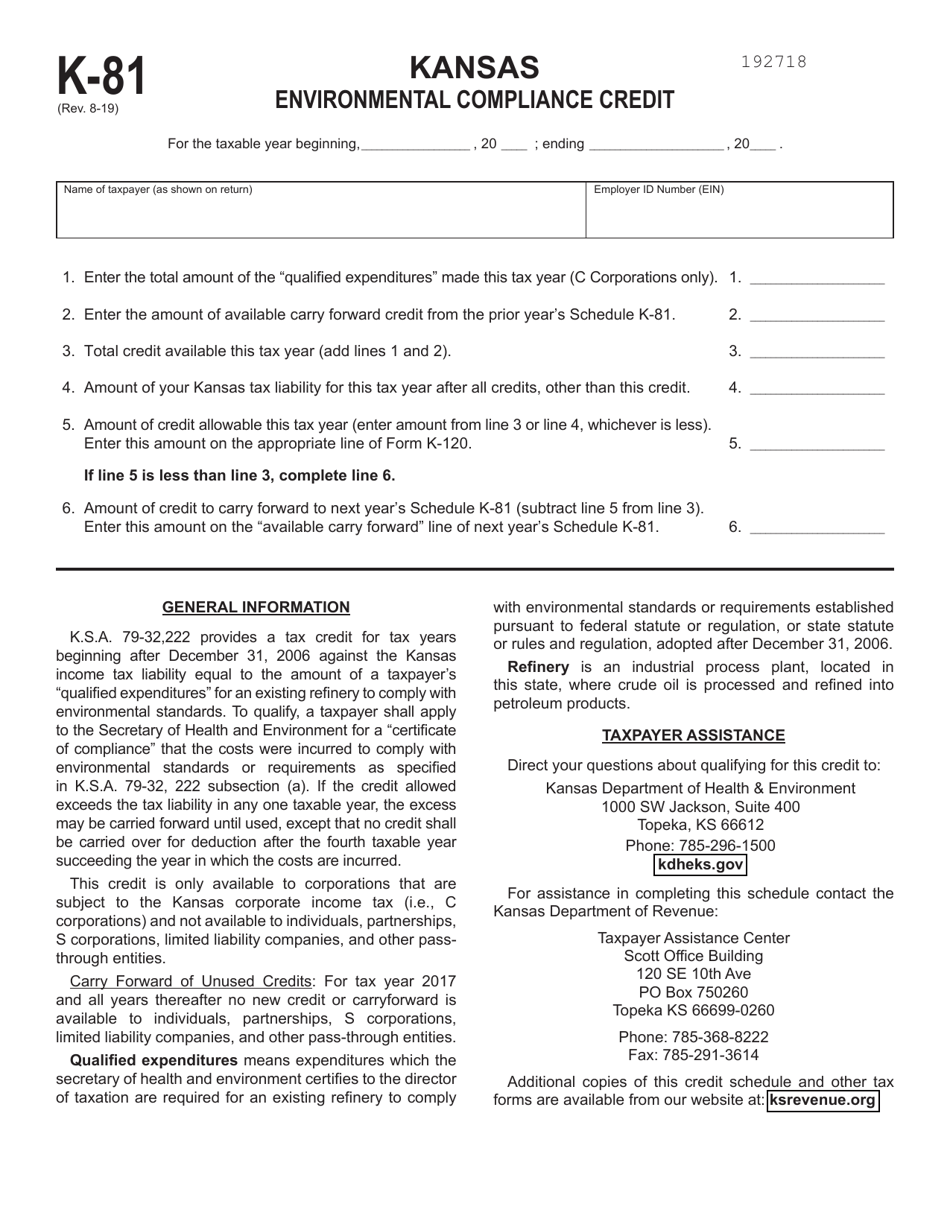 Schedule K-81 Kansas Environmental Compliance Credit - Kansas, Page 1