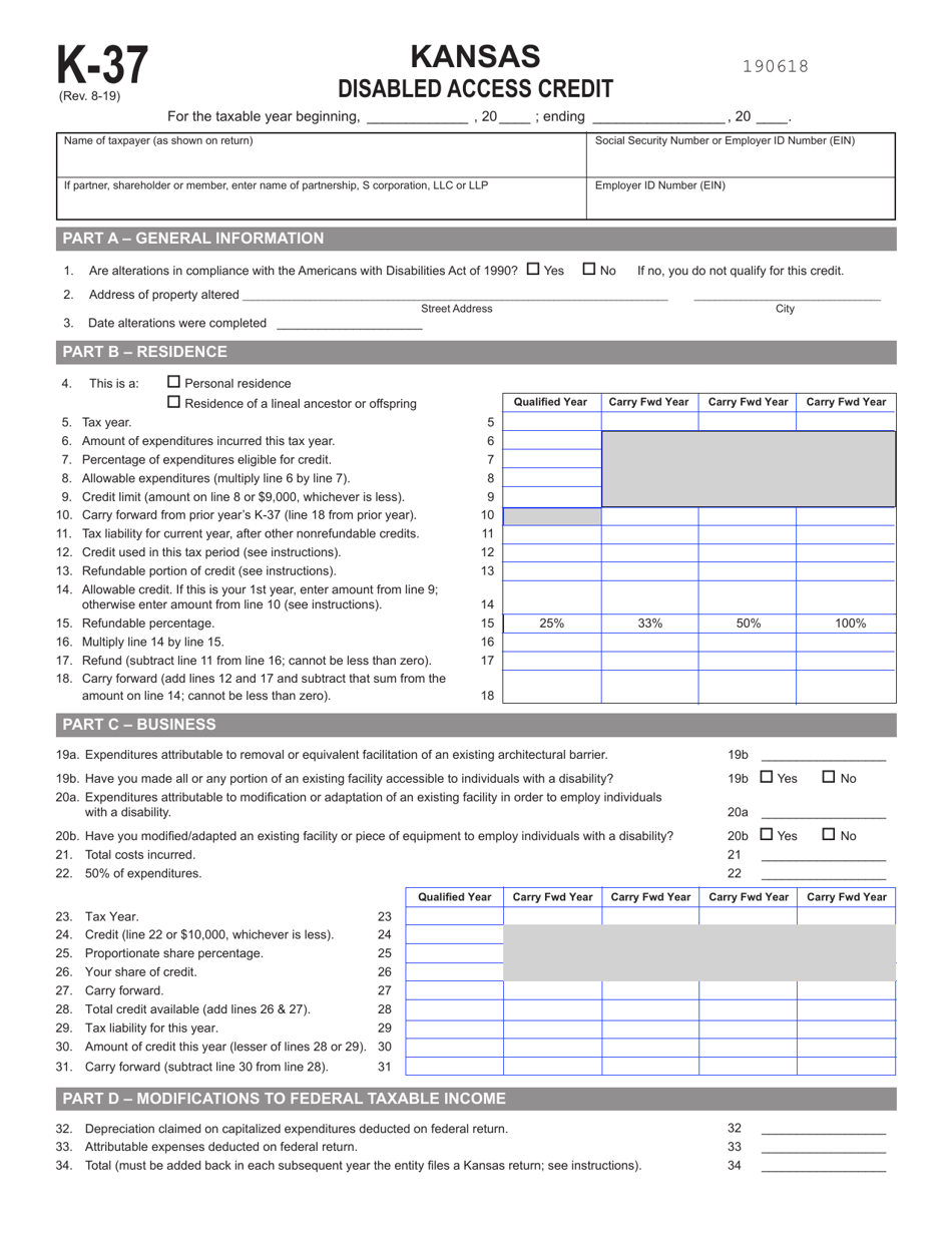 Schedule K-37 Disabled Access Credit - Kansas, Page 1