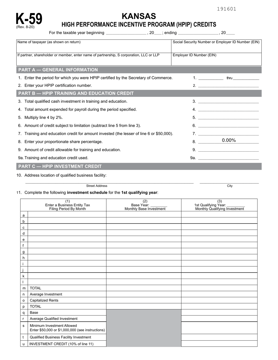 Schedule K-59 Kansas High Performance Incentive Program (Hpip) Credits - Kansas, Page 1