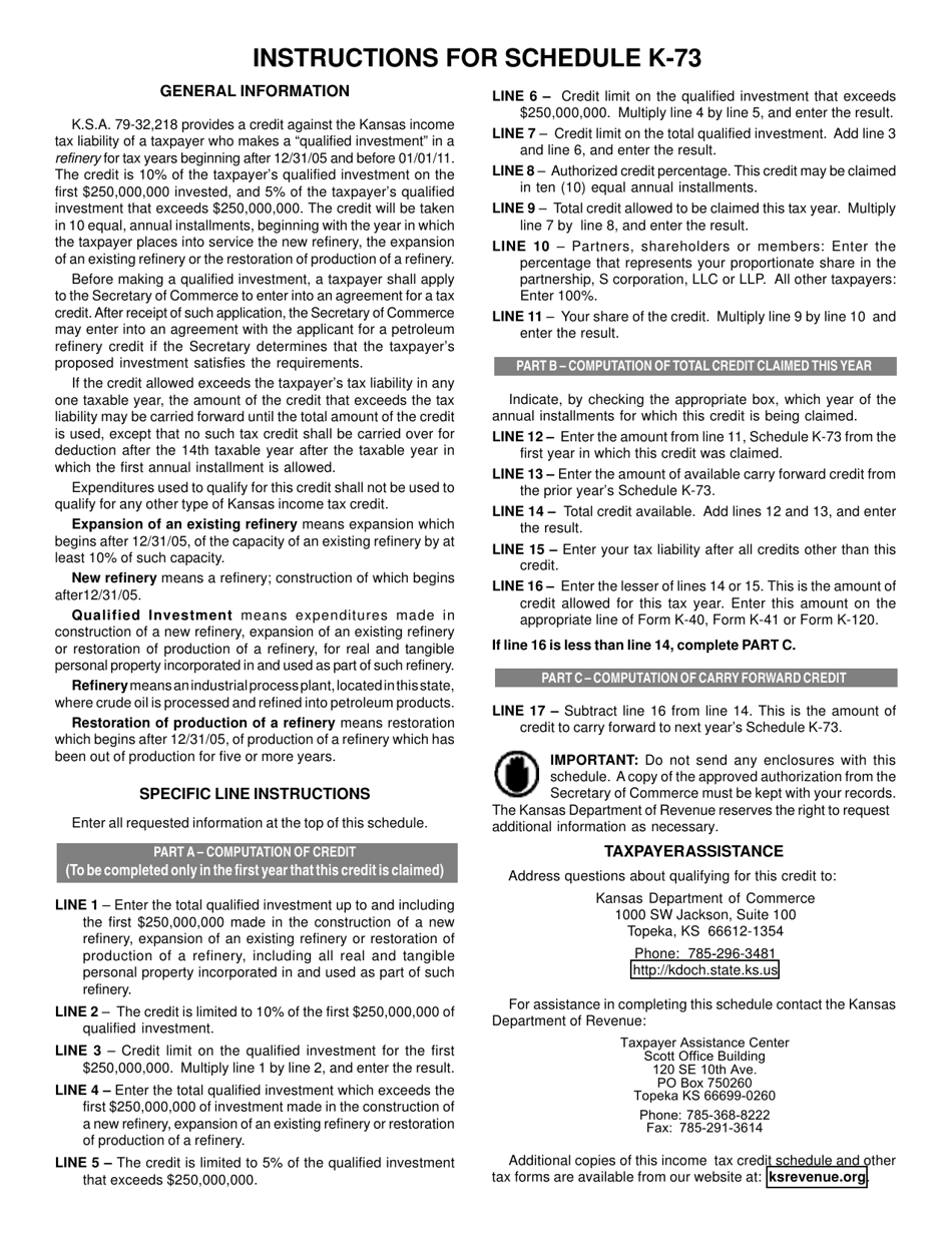 Schedule K-73 Kansas Petroleum Refinery Credit - Kansas, Page 2