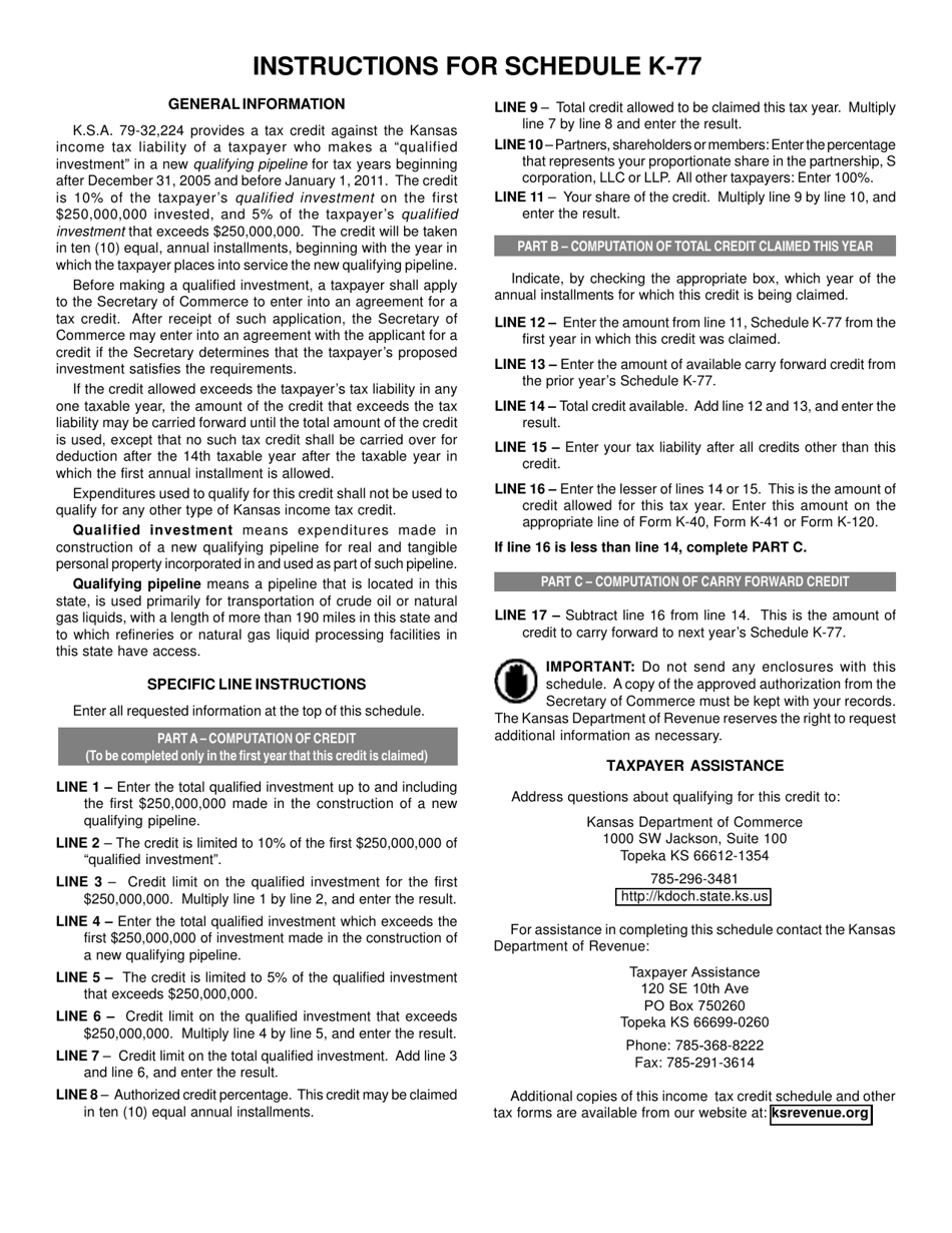 Schedule K-77 Kansas Qualifying Pipeline Credit - Kansas, Page 2
