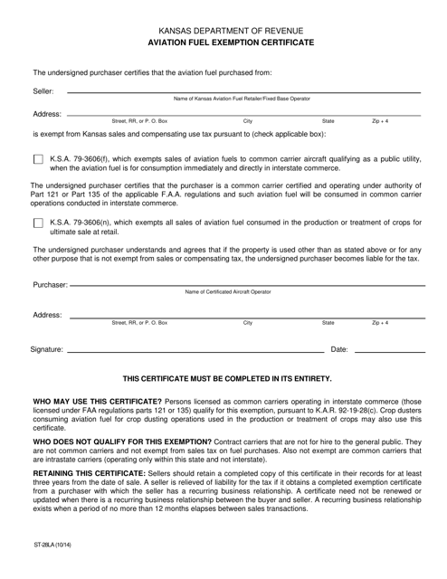 Form ST-28LA Aviation Fuel Exemption Certificate - Kansas