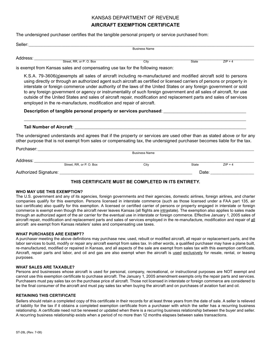 Form ST-28L Aircraft Exemption Certificate - Kansas, Page 1