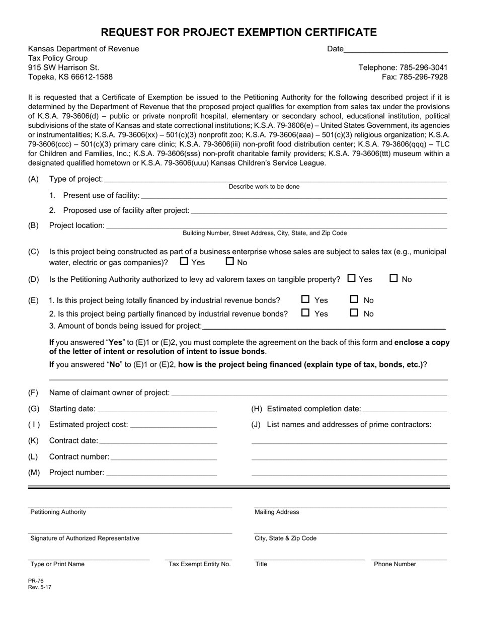 Form PR-76 Request for Project Exemption Certificate - Kansas, Page 1