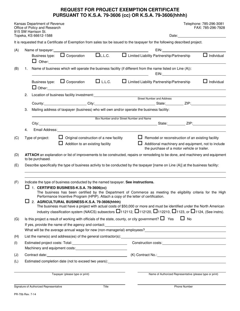 Form PR-70B Project Exemption Request (Enterprise Zone) - Kansas, Page 1
