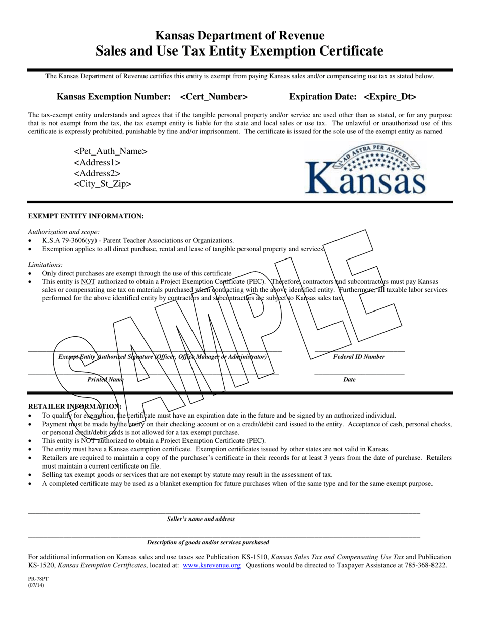 Form PR-78PT Sales and Use Tax Entity Exemption Certificate - Parent Teacher Association - Sample - Kansas, Page 1