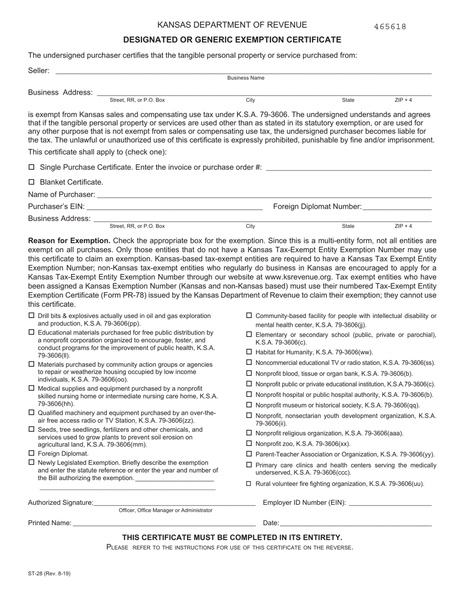 Form ST-28 Designated or Generic Exemption Certificate - Kansas, Page 1