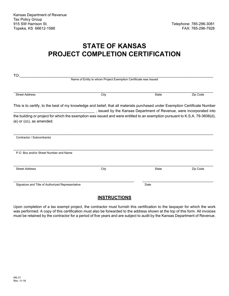 Form PR-77 Project Completion Certification - Kansas, Page 1