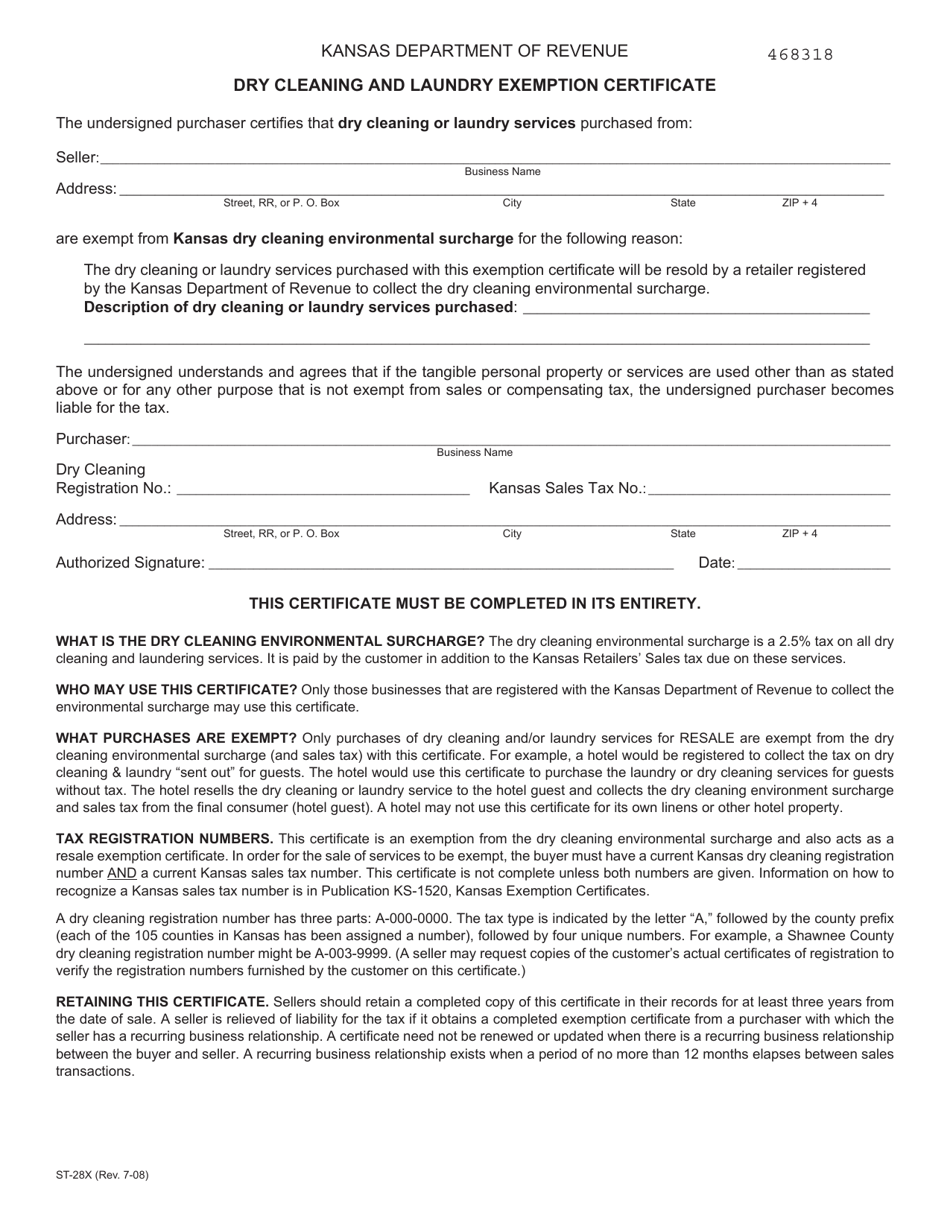 Form ST-28X Dry Cleaning and Laundry Exemption Certificate - Kansas, Page 1