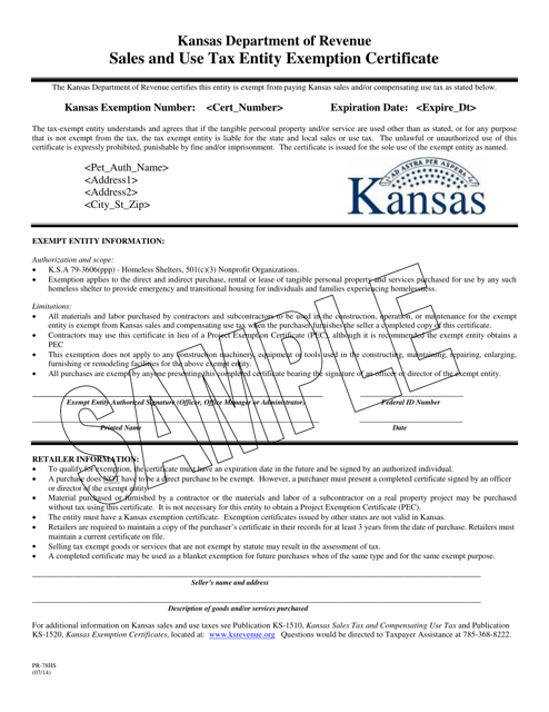 Form PR-78HS Sales and Use Tax Entity Exemption Certificate - Homeless Shelters - Sample - Kansas