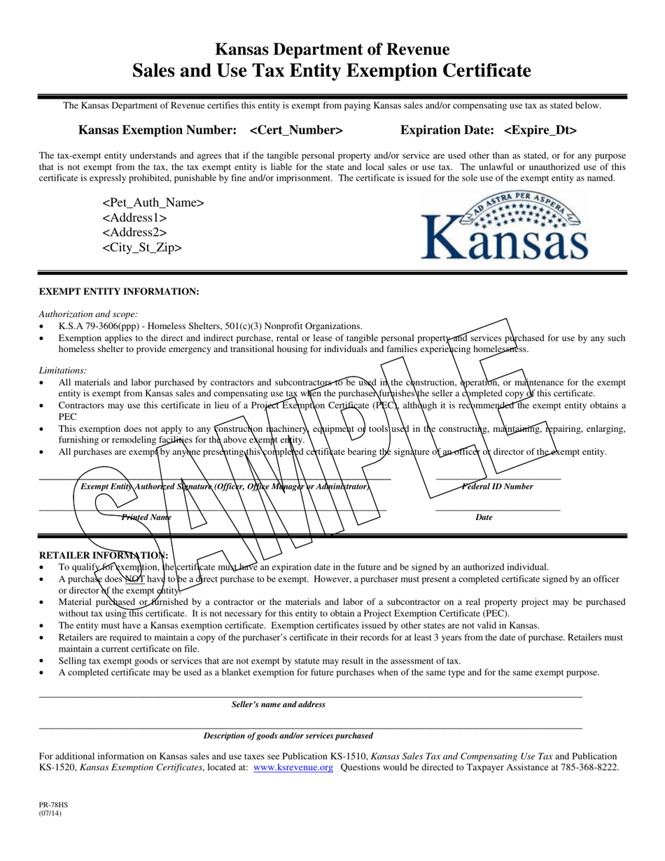 Form PR-78HS Sales and Use Tax Entity Exemption Certificate - Homeless Shelters - Sample - Kansas, Page 1