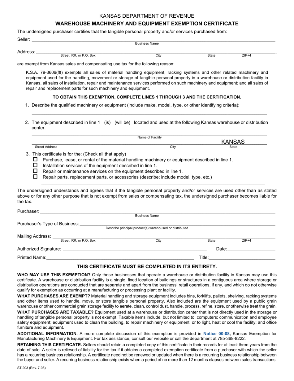 Form ST-203 Warehouse Machinery and Equipment Exemption Certificate - Kansas, Page 1