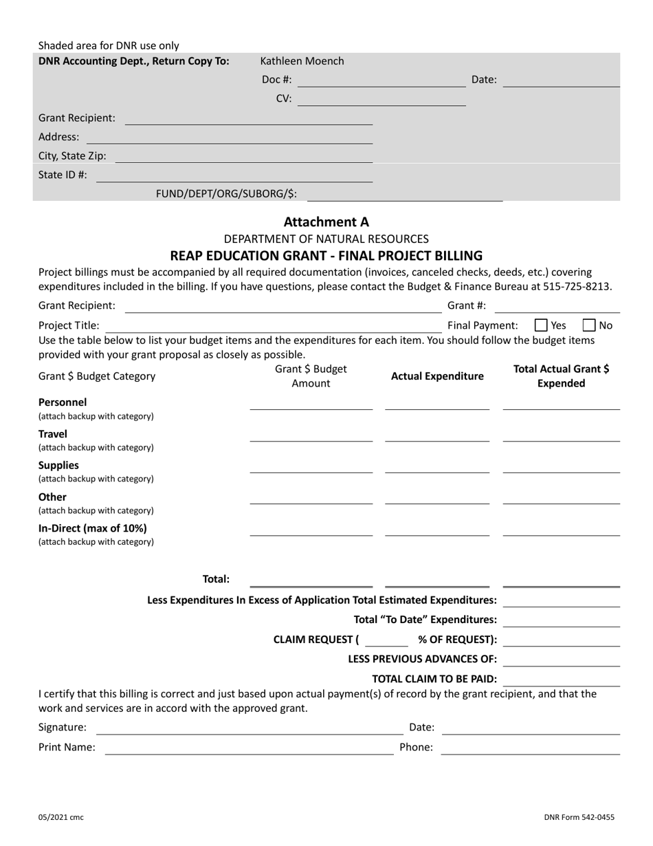 DNR Form 542-0455 Attachment A Reap Education Grant - Final Project Billing - Iowa, Page 1