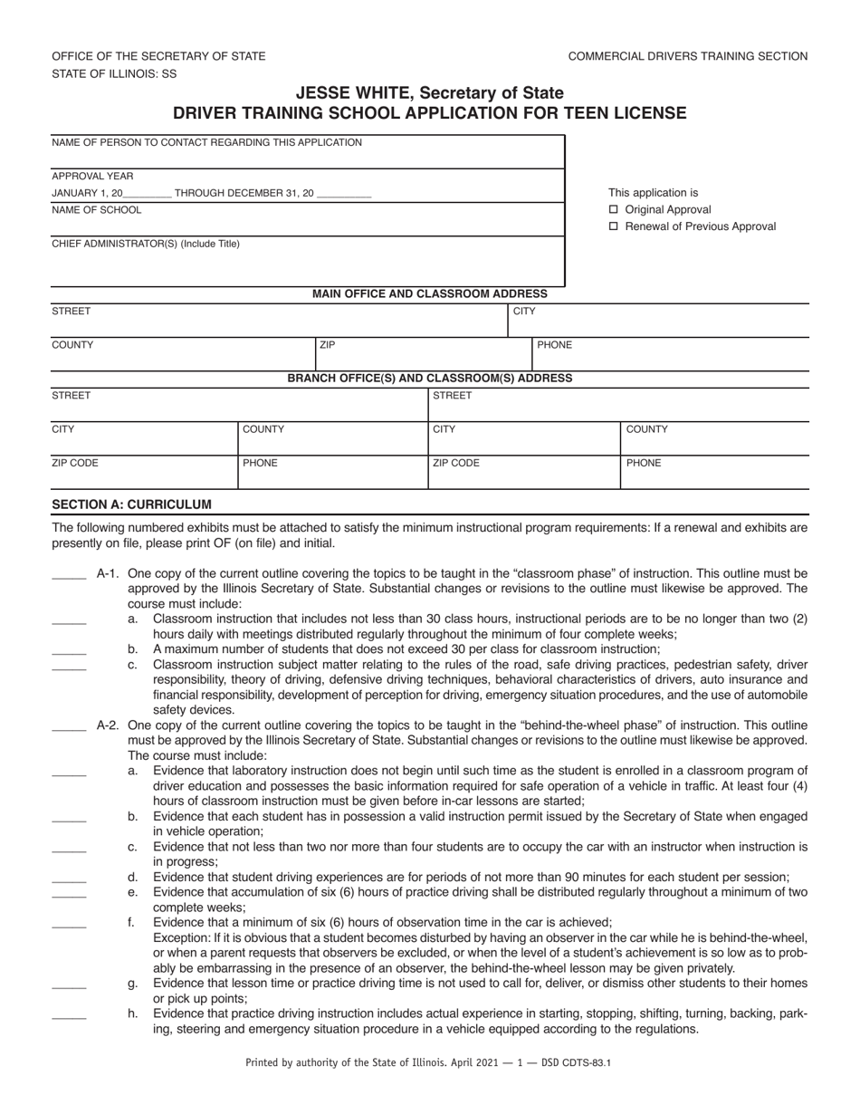 Form DSD CDTS-83 Driver Training School Application for Teen License - Illinois, Page 1