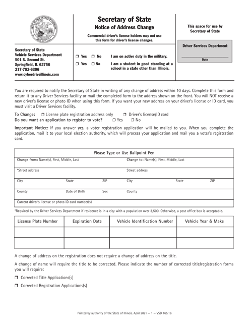 Form VSD165 Notice of Address Change - Illinois