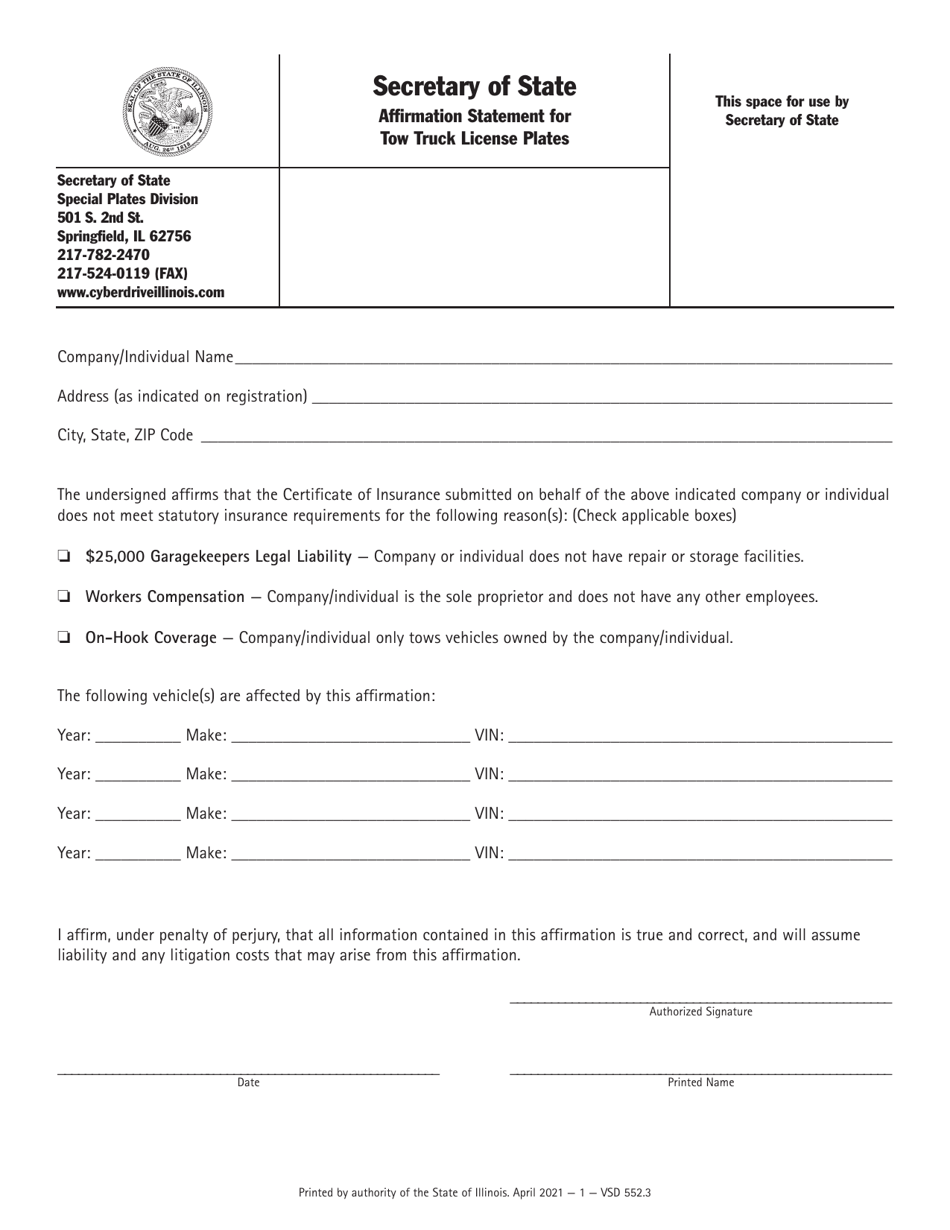 Form VSD552 Affirmation Statement for Tow Truck License Plates - Illinois, Page 1