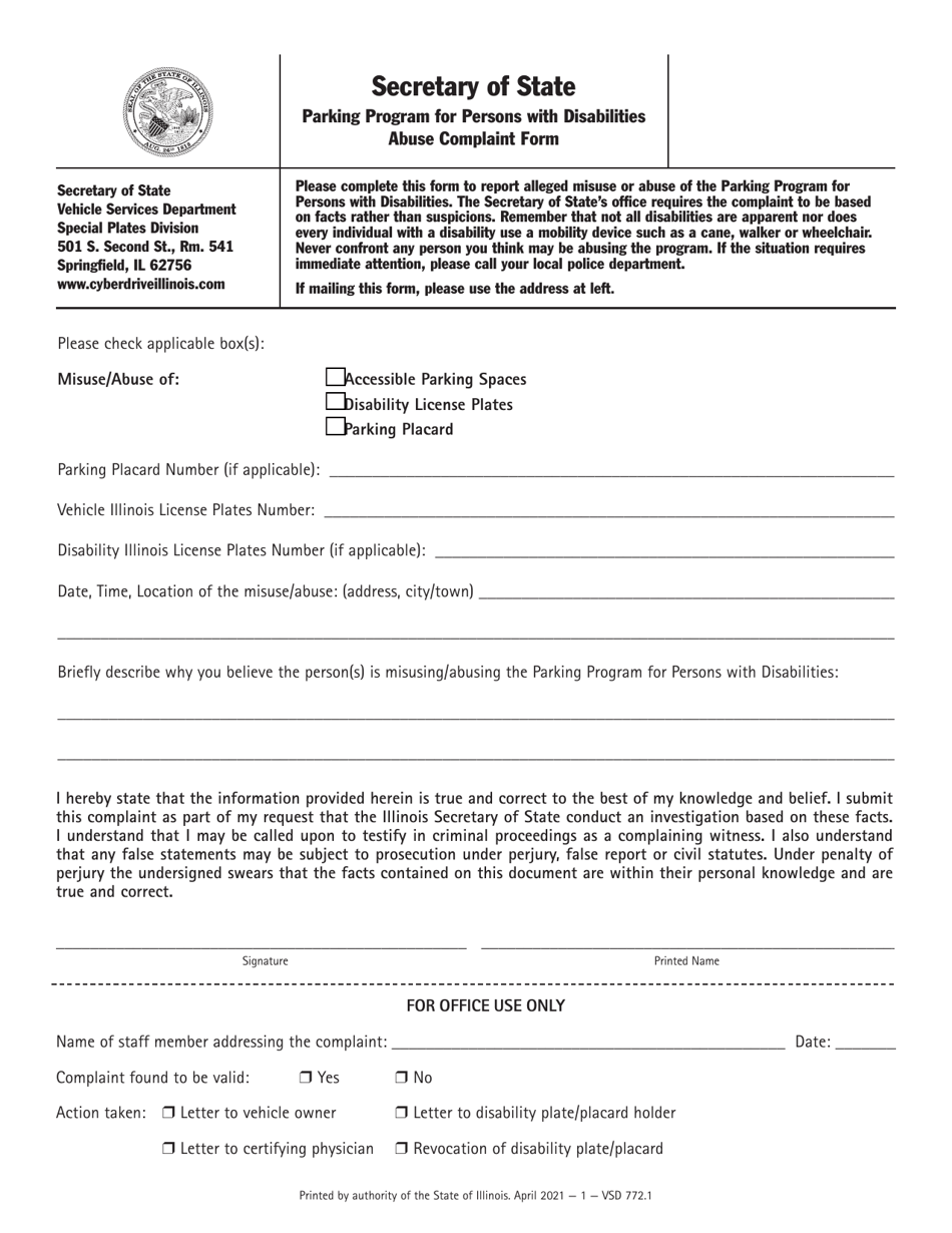 Form VSD772 Parking Program for Persons With Disabilities Abuse Complaint Form - Illinois, Page 1