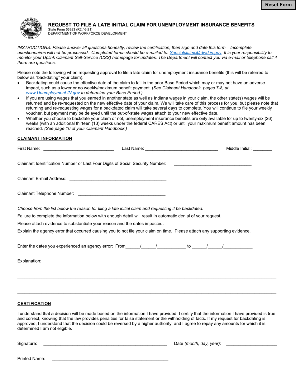 State Form 56923 Request to File a Late Initial Claim for Unemployment Insurance Benefits - Indiana, Page 1