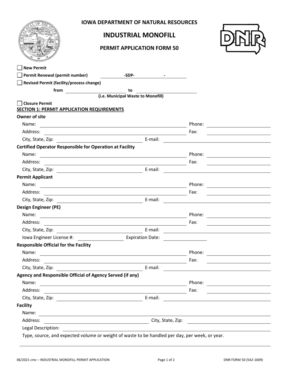 DNR Form 50 (542-1609) Industrial Monofill Permit Application - Iowa, Page 1