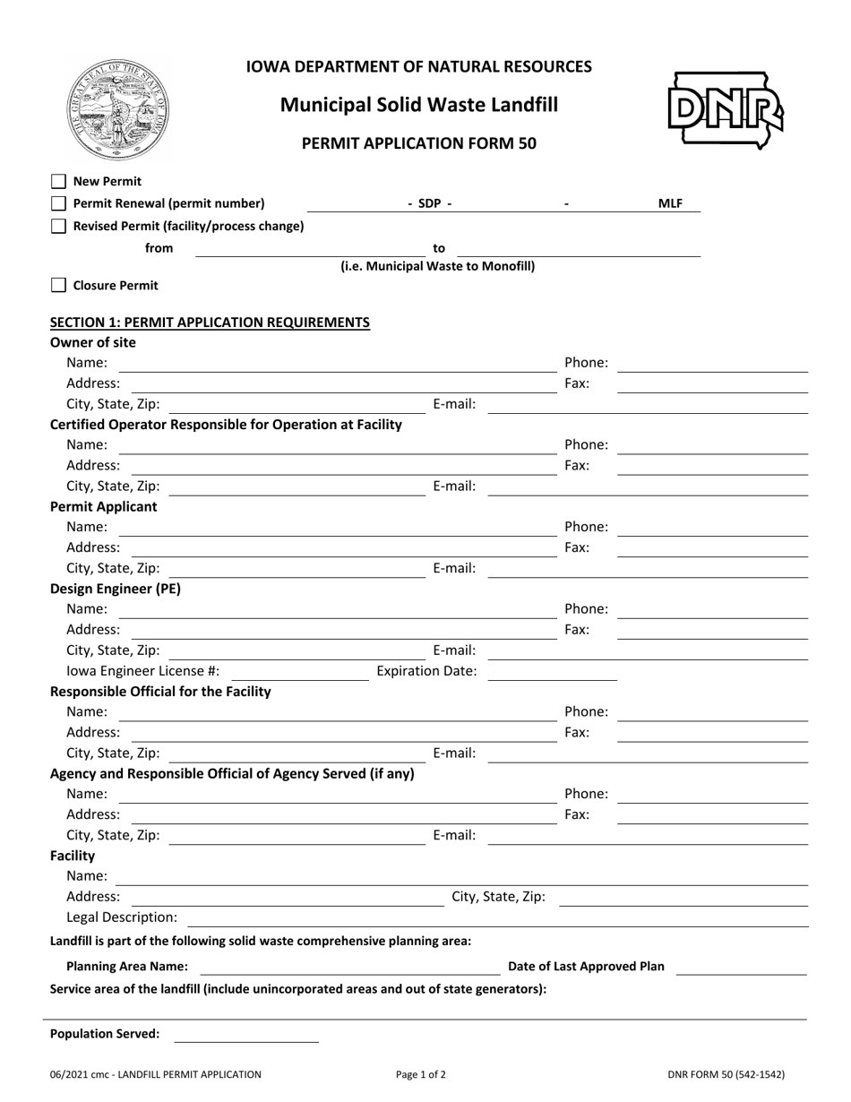 DNR Form 50 (542-1542) Municipal Solid Waste Landfill Permit Application - Iowa, Page 1