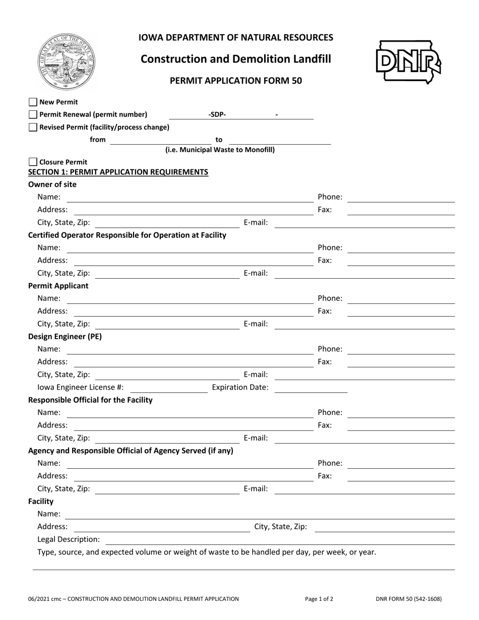 DNR Form 50 (542-1608) Construction and Demolition Landfill Permit Application - Iowa, Page 1