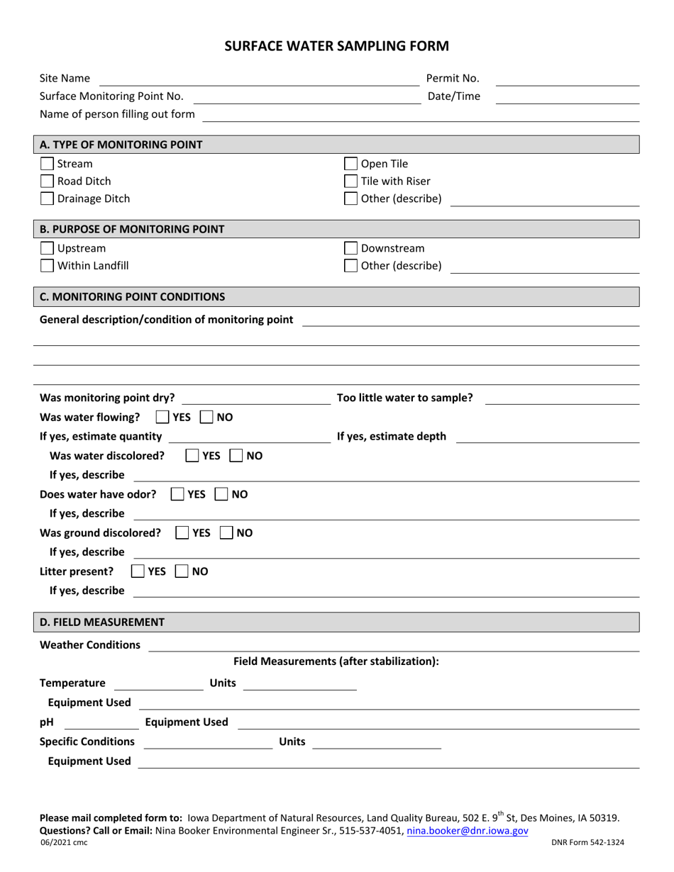 DNR Form 542-1324 Surface Water Sampling Form - Iowa, Page 1