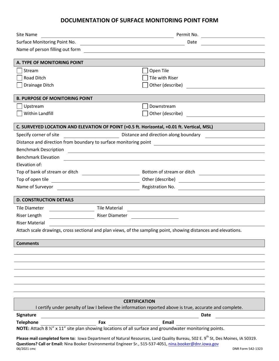 DNR Form 542-1323 Documentation of Surface Monitoring Point Form - Iowa, Page 1