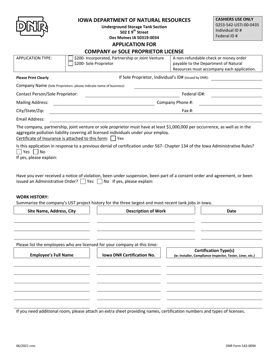 DNR Form 542-0094 Application for Company or Sole Proprietor License - Iowa, Page 1