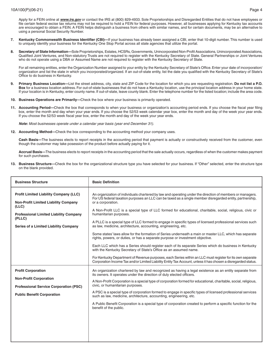 Form 10A100(P) Kentucky Tax Registration Application - Kentucky, Page 18