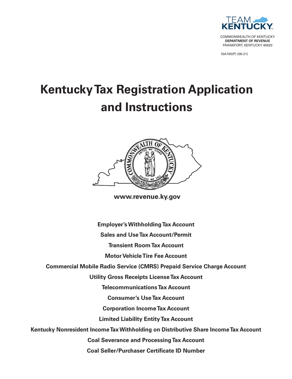 Form 10A100(P) Kentucky Tax Registration Application - Kentucky, Page 1