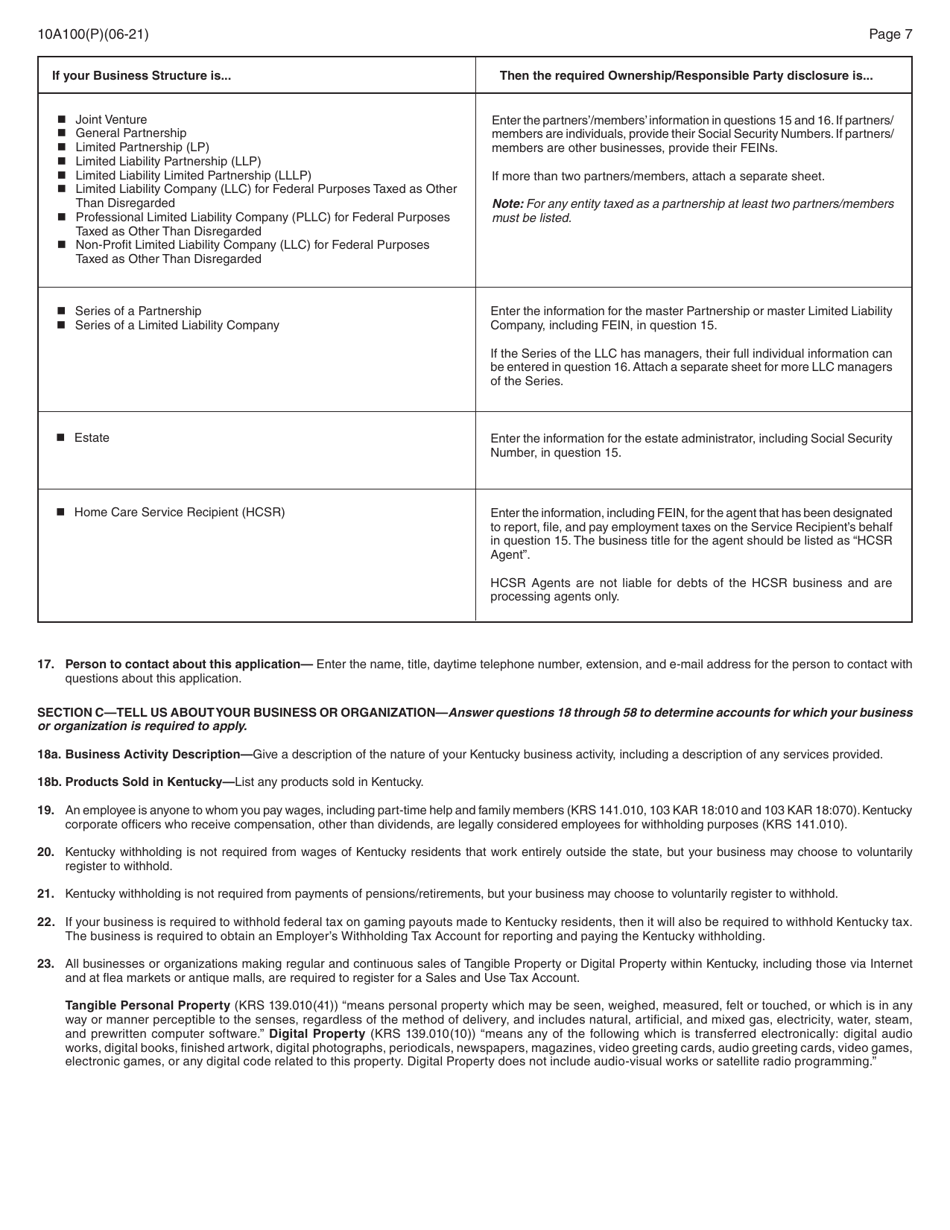 Form 10A100(P) Kentucky Tax Registration Application - Kentucky, Page 21