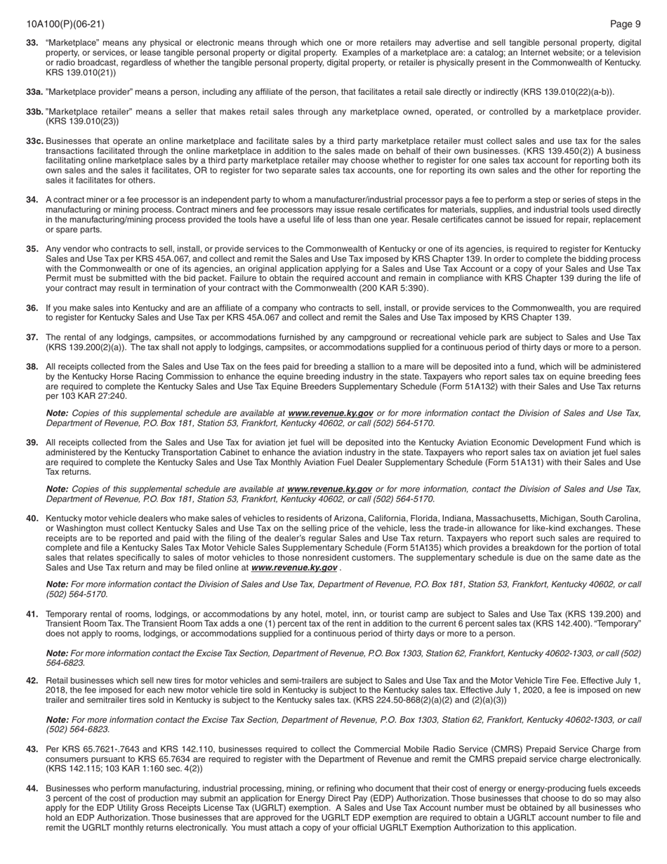Form 10A100(P) Kentucky Tax Registration Application - Kentucky, Page 23