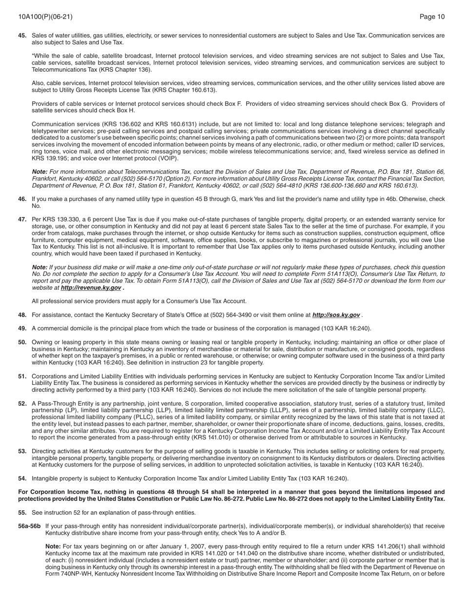 Form 10A100(P) Kentucky Tax Registration Application - Kentucky, Page 24