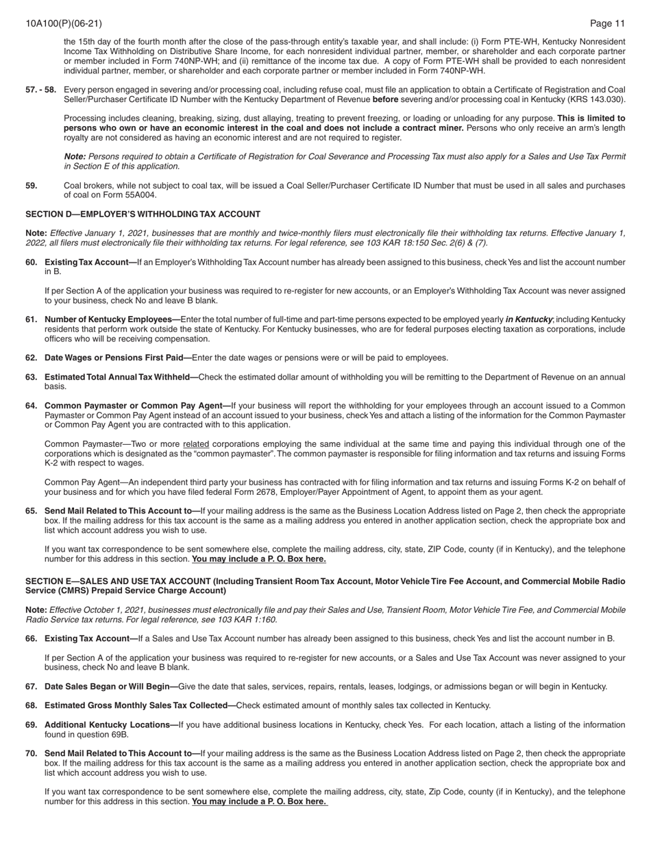 Form 10A100(P) Kentucky Tax Registration Application - Kentucky, Page 25