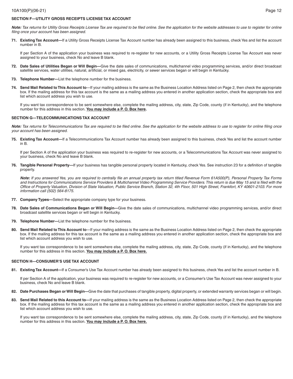 Form 10A100(P) Kentucky Tax Registration Application - Kentucky, Page 26