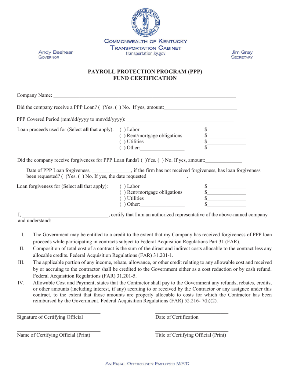 Payroll Protection Program (PPP) Fund Certification - Kentucky, Page 1