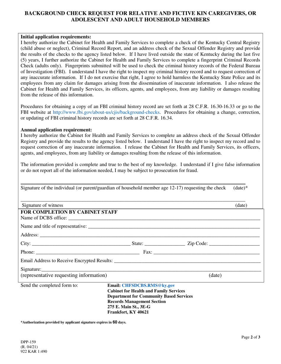 Form DPP-159 Background Check Request for Relative and Fictive Kin Caregivers, or Adolescent and Adult Household Members - Kentucky, Page 2